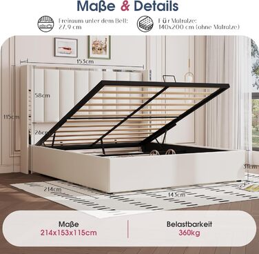 М&39яке ліжко з ящиком для зберігання речей, узголів&39ям заввишки 115 см, місцем для зберігання речей, функцією підйому та хромованим дизайном, каркас з масиву дерева оксамит (кремово-білий, 140 x 200 см) 140 x 200 см Бежевий
