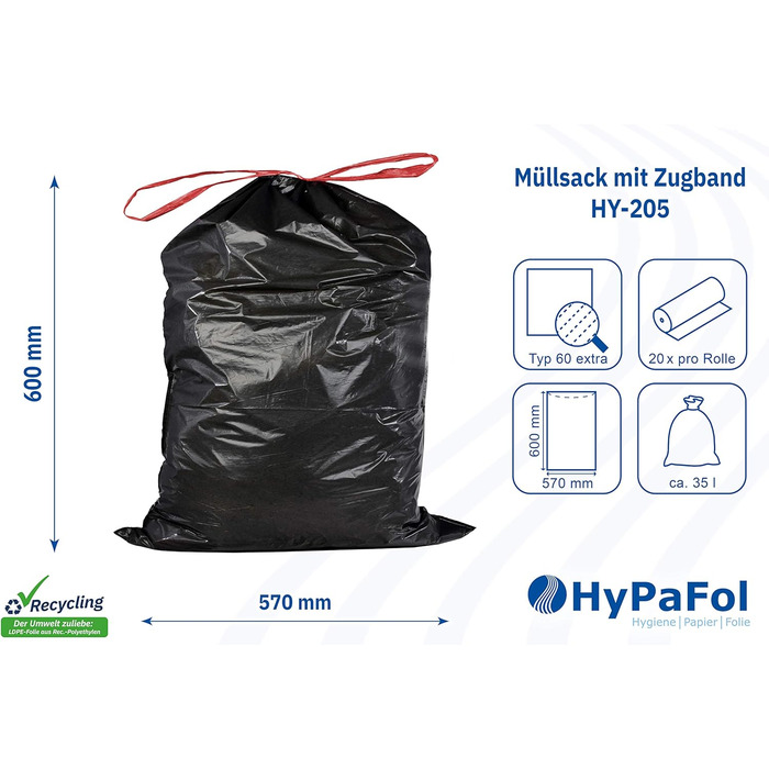 Сміттєві пакети Hypafol Тип 60 зі шнурком, 35 л Пакети для сміття для дому, саду та промисловості Надзвичайно міцні та стійкі до розривів Чорні надміцні сміттєві пакети з високоякісного матеріалу 200 шт. (10 рулонів) 35 літрів