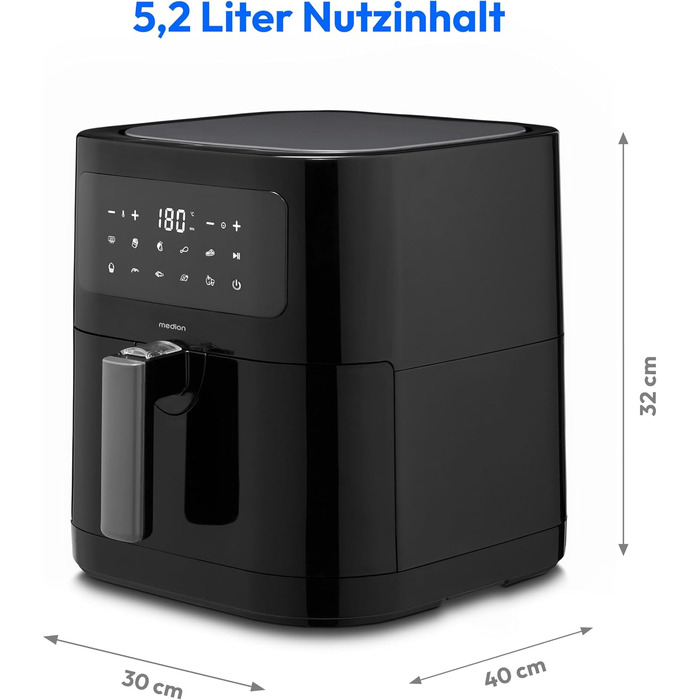 Аерофритюрниця MEDION E40 XL (5,2 л, 2150 Вт, 9 автопрограм, функція випікання, фритюр без олії, сенсорна панель, LED-дисплей, MD 11740) чорна