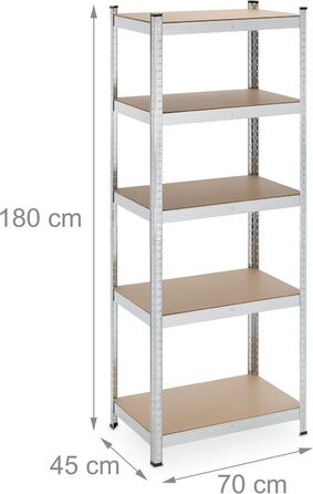 Полиця для зберігання Relaxdays для важких умов експлуатації, 5 ярусів, висота та ширина 180x70x45 см, вантажопідйомність 500 кг, сталь, для підвалу та гаража, сріблястий колір