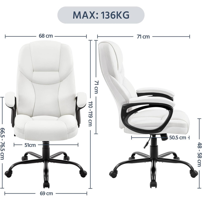 Офісне крісло Yaheetech, крісло керівника, ергономічне поворотне крісло з високою спинкою, комп&39ютерне крісло, зручне робоче крісло з регульованою висотою, офісне крісло зі штучної шкіри, піна високої щільності, функція гойдання, біле, біле, штучна шкір
