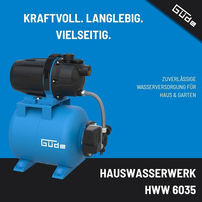 Насосна станція HWW 6035 (600 Вт, об'єм резервуару 19 л, продуктивність 3200 л/год, висота напору до 35 м, висота всмоктування до 7 м, робоче колесо з Noryl, сталевий бак, реле тиску, термозахист, манометр)