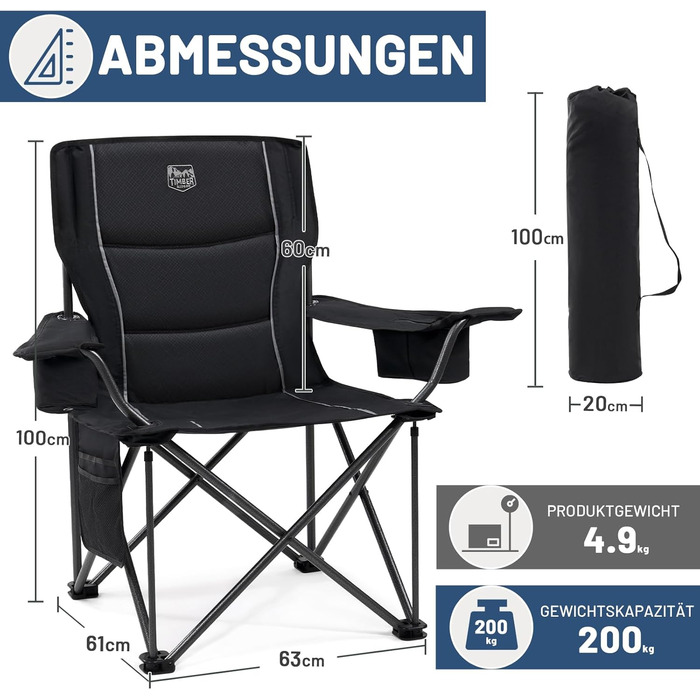 Складаний кемпінговий стілець TIMBER RIDGE, 2 шт., вантажопідйомність 200 кг, великий, ширина сидіння 63 см, зручний м&39який складний стілець з ізольованою сумкою-холодильником, кемпінговий стілець, складний стілець, садовий стілець, стілець для риболовл
