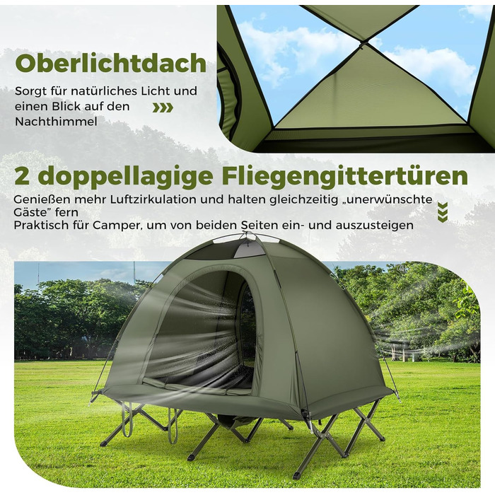Розкладне ліжко COSTWAY з наметом для 2 осіб, кемпінгове ліжко з дощовиком, 2 сітчасті двері, мансардний вікно та сумка на колесах, кемпінговий шезлонг, вантажопідйомність 300 кг, 194 x 145 x 150 см, зелений