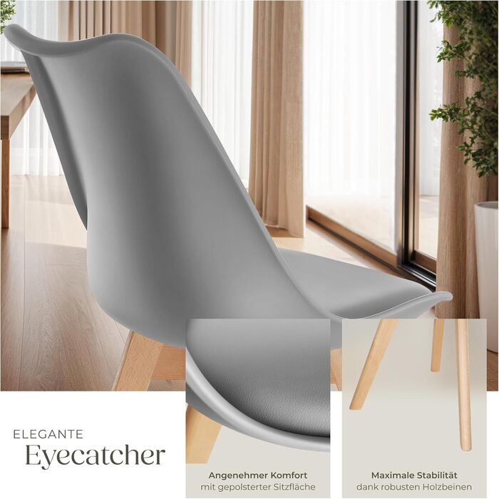 Обідні стільці tectake, комплект з 4 шт. , стільці з черепашковими сидінням, сучасні кухонні стільці, меблі в скандинавському стилі для вітальні, їдальні, кухні та офісу - сірі, комплект з 4 шт. Frederikke II - сірий