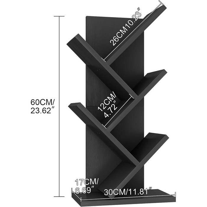 Книжкова полиця YMYNY у формі дерева, 4-рівнева перегородка для кімнати, сучасна дерев&39яна полиця для книг/фільмів/компакт-дисків, вузька підставка для спальні, домашнього офісу, чорна HBC014B 60 см 4 яруси чорного кольору