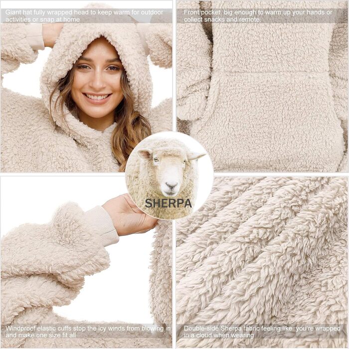 Великогабаритна шерпа-ковдра з капюшоном для чоловіків та жінок, довга зручна шерпа-ковдра, светр, волохатий пуловер, плюшевий, теплий, затишний, універсальний розмір, бежевий