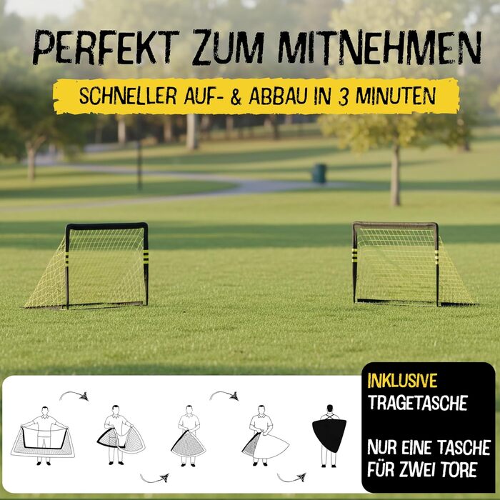 Висувні футбольні ворота для дітей, включаючи сумку для перенесення 120x90 см-150x240 см Сертифіковано EN71 та CE Стійкі до іржі та атмосферних впливів Футбольні ворота з міцними кріпленнями до землі Встановлення за 5 секунд Висувні ворота для використанн