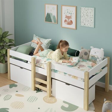 Дитяче ліжко Bellabino Aspy 90x200 см Ліжко-горище з 2 шухлядами, поручнями та рейковою основою Ліжко середнього класу з драбиною з масиву сосни білого/натурального кольору Дитяче ліжко з місцем для зберігання (матрац не входить до комплекту) Біле - з шух