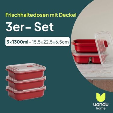 Набір контейнерів для зберігання продуктів Uandu з кришками, 3 шт., підходять для мікрохвильової печі, герметичні контейнери для сипучих продуктів, контейнери для приготування їжі, пластикові контейнери без BPA, червоні, 3 x 1300 мл