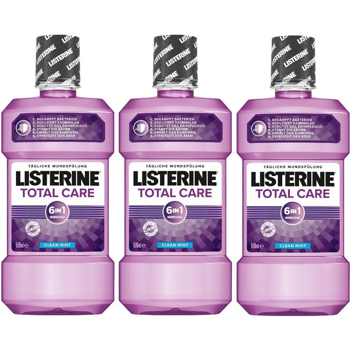 Ополіскувач для порожнини рота Listerine Total Care, ополіскувач для порожнини рота 6in1, антибактеріальний і з фтором проти карієсу (3 x 500 мл) М'ята