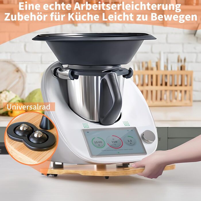 Розсувна дошка Thermomix для Monsieur Cuisine Smart виготовлена з бамбука та універсальних коліс на дні та гумових ніжках для легкого переміщення без пошкодження ваг, 6 TM5