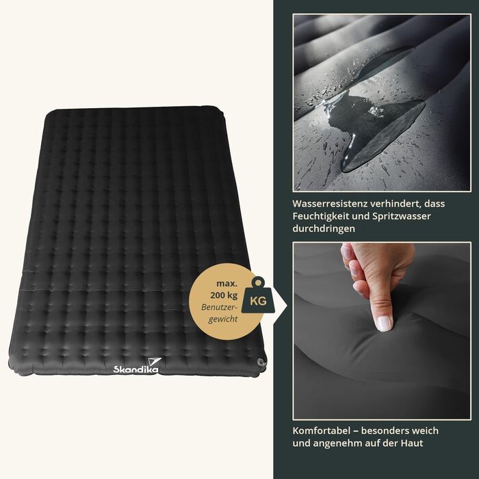 Каримет Skandika Elite/Exclusive Air для одного/двох осіб Надувний матрац, невеликий розмір у пачці, високопродуктивний клапан, килимок для сну на вулиці, надлегкий, надзвичайно товстий, сумка для перенесення для кемпінгу та походів, антрацит (двоспальний