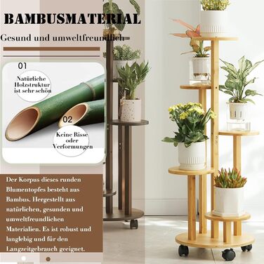Бамбукова підставка для квітів на колесах, 5-ярусна підставка/стійка для квітів на балкон, шасі Ø31,5 см * верхня полиця Ø19 см * висота 88 см, полиця для рослин для використання на вулиці, легко переміщується (колір дерева), 5-ярусна підставка для рослин