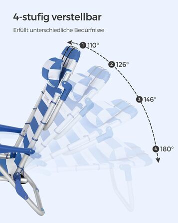 Пляжне крісло SONGMICS, кемпінгове крісло, складне, з плечовим ременем, регульованою спинкою, підголівником, підлокітником, 2 бічними кишенями, синьо-біле GCB62BU синій білий.