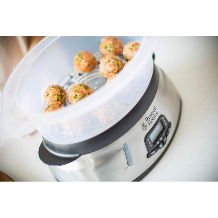 Пароварка Russell Hobbs велика 10,5 л (цифровий дисплей програмований таймер, 3 контейнери для пароварки, які можна мити в посудомийній машині миска для рису / рисоварка 8 тримачів для яєць / яйцеварка, без BPA) 23560-56