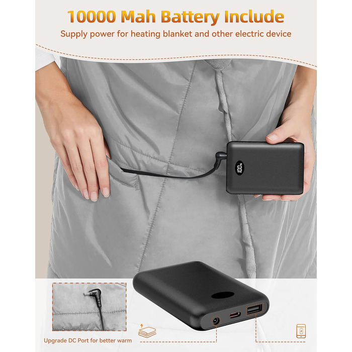 Бездротова ковдра з підігрівом та батареєю 7,4 В для чоловіків та жінок, електрична грілка FERNIDA, портативна шарф-підігрів для дому, офісу, подорожей, походів, сірого кольору