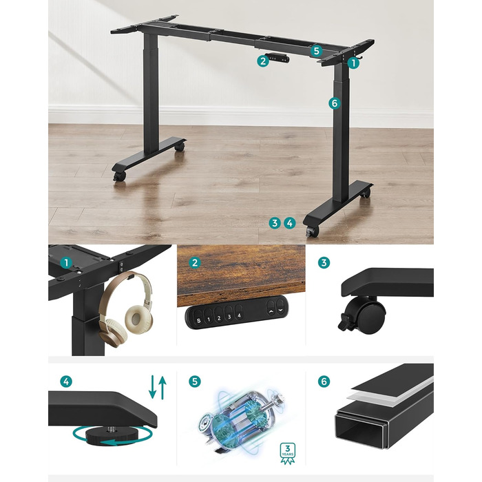 Електрична настільна підставка SONGMICS з регулюванням висоти, подвійний двигун, з гачками, безступінчасте регулювання, функція пам&39яті, сталь, чорний колір LSD019B01