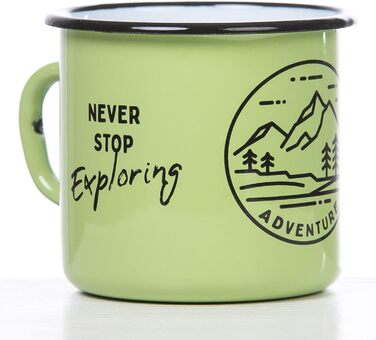Емальована кружка MUGSY, Ніколи не припиняйте досліджувати, 330 мл, Мотив природи та приказка, Емальована чашка, Стійка до ударів, Зелена