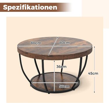 Круглий журнальний столик COSTWAY, дерев&39яний диванний столик з 2 ярусами та металевим каркасом, журнальний столик для вітальні діаметром 80 см для вітальні, приймальні, офісу (рустикально-коричневий)