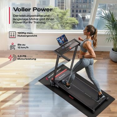 Бігова доріжка Sportstech Home, складна, до 12 км/год, макс. 120 кг, тримач для планшета, якісний німецький бренд, нахил 9, сумісний із додатком Bluetooth, світлодіодний підсвічування, sProRun