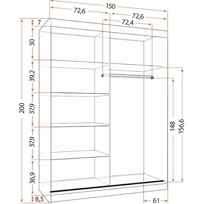 Шафа з дзеркалом, розсувні двері - Чорна шафа з розсувними дверима, шафа для спальні - 61 x 150 x 200 см - Шафа для спальні, гардеробна, шафа чорний/чорний