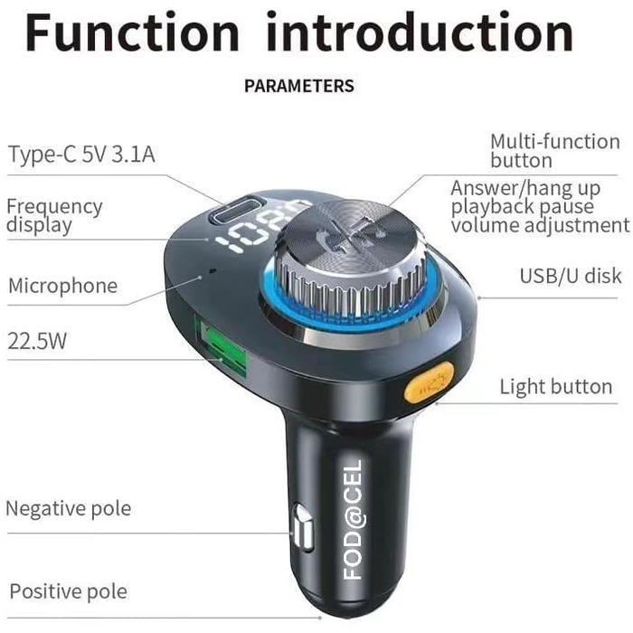 Передавач Fodacel Bluetooth 5.0 для автомобіля, 22,5 Вт PD&QC3.1-4.5A Швидкий автомобільний зарядний пристрій PD Cahrging Бездротовий FM-радіоадаптер Басовий звук Музичний плеєр Автомобільний комплект із USB-накопичувачем гучного зв'язку