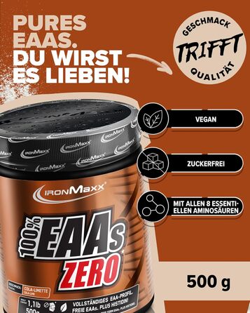 Порошок з високою дозою EAA IronMaxx Zero Cola & Lime 500, веганський та без цукру, Кола-Лайм, 500 г