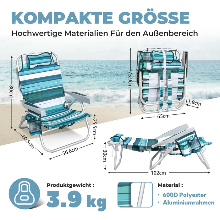 Складаний пляжний стілець Homecall, легкий, регульована спинка в 5 положеннях - Складаний пляжний стілець, до 136 кг, для пляжу, на відкритому повітрі, низька висота, класичний смугастий