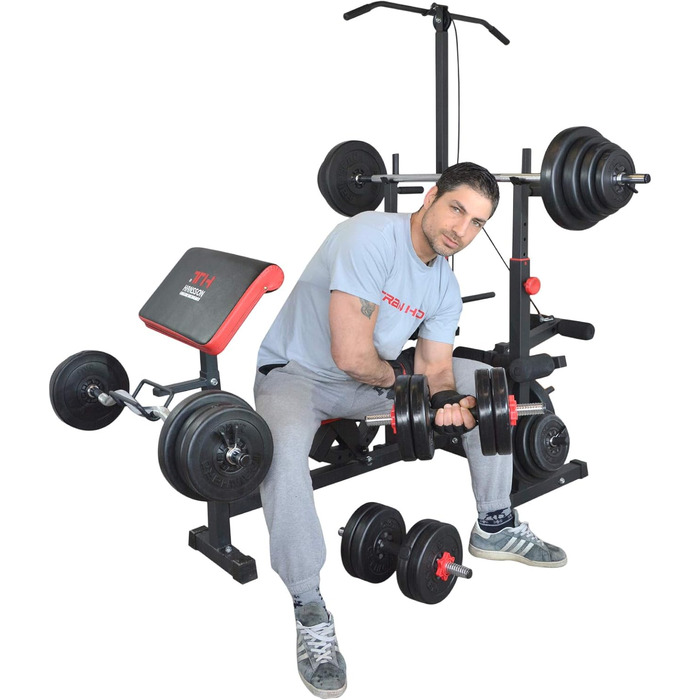 Багатофункціональна силова лава Train Hard з силовою станцією для тяги ширшого хвата, дисками вагою від 90 до 150 кг, штангою та комплектом штанг, що складається зі штанги, гантелей та грифа для згинань рук штанги 100 кг, гантелей та грифа для згинань рук