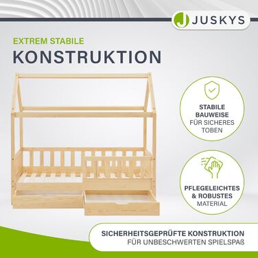 Дитяче ліжко Juskys Marli 90 x 200 см з 2-секційним ящиком для зберігання, захисними поручнями, рейковою основою та дахом - Ліжко-будиночок з масиву дерева для дітей - Ліжко з натурального дерева 90 x 200 см