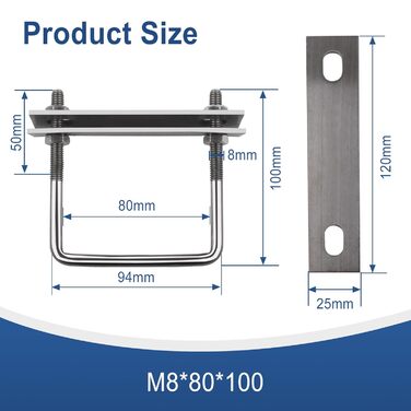 Болт M8, U-подібний різьбовий кронштейн, квадратні болти, затискачі U-болтів, U-болти для саду, автофургонів, DIY, сонячної установки та кріплення (4 шт., M8x80x100 мм)