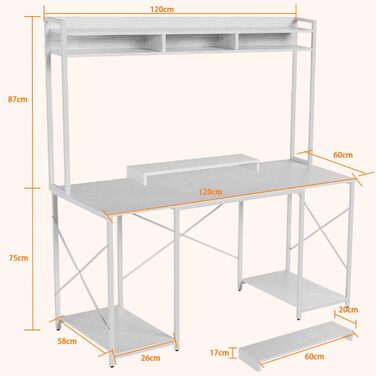 Письмовий стіл Devoko 120 x 60 x 162 см, стіл з місцем для зберігання, комп&39ютерний стіл з полицею та підставкою для монітора, ПК-стіл для домашнього офісу, білий 120 x 60 см