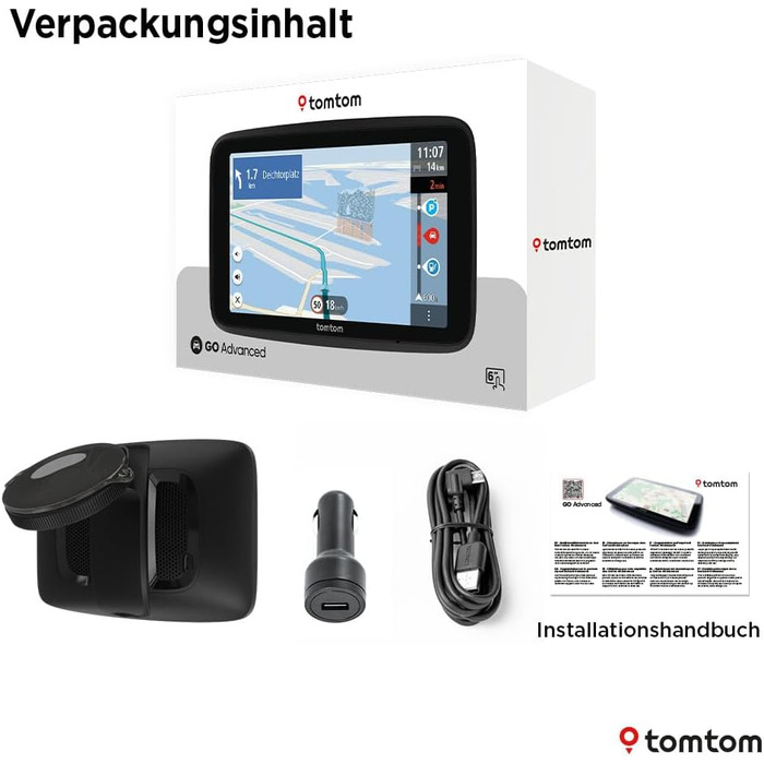 Навігаційна система TomTom Car Sat Nav GO Advanced (6-дюймовий екран, система уникнення заторів завдяки TomTom Traffic, оновлення карт світу, оновлення через Wi-Fi, система динамічного утримання смуги руху, вбудоване, двостороннє кріплення)
