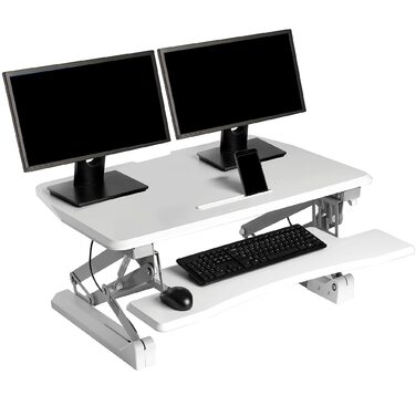 Стіл-конвертер Seville Classics 90 см з пневматичним регулюванням висоти сидячи-стоячи з газовою пружиною, металевий, білий 90 см x 59 см пневматичний білий