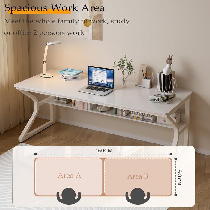 Подвійний довгий письмовий стіл із полицями 160 см ПК-стіл для 2 осіб, сучасний комп&39ютерний стіл, офісний стіл для дому та офісу, білий 160 x 60 см