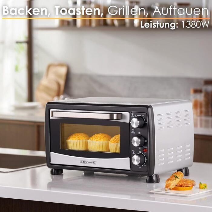 Міні-піч 20 літрів Піч для піци Міні піч Духова шафа 3в1 з конвекцією знімна пластина для крихт 1,400 Вт Верхній/нижній нагрів Нержавіюча сталь Таймер на 60 хв