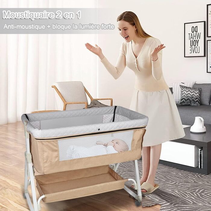 Дитяче ліжечко OHMG Side-by-Side, дитяче ліжко, дитяча колиска, дитяче ліжко 3 в 1 для новонароджених, ліжко-гойдалка для дому та подорожей з колесами, регульована висота 6 рівнів (95 * 50 * 98-110 см (бежево-білий)) 95*50*98-110 см (бежево-білий)