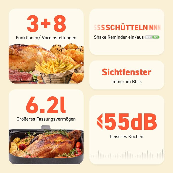 Фритюрниця COSORI Hot Air Fryer XXL 6.2 л з оновленою технологією Rapid Air, 55 енергозбереження, для 3-5 осіб, фритюрниця 12 в 1, 30 книг рецептів, один сенсорний крін, 1700 Вт 6.2 л Clear Blaze Grey