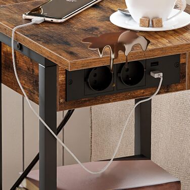 Журнальний столик HOOBRO із зарядною станцією, відкидний С-подібний диван-столик, журнальний столик на колесах та полиця для зберігання, тумбочка для вітальні, спальні, темно-коричневий EBF022SF01G1