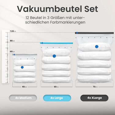Вакуумні пакети для одягу Набір з 12 пакетів 3 розмірів - Вакуумні пакети для пилососів Багаторазові 100 герметичні та міцні Дорожні компресійні пакети Пакети для одягу Пакети для зберігання Вакуумні пакети Пакети для одягу XL