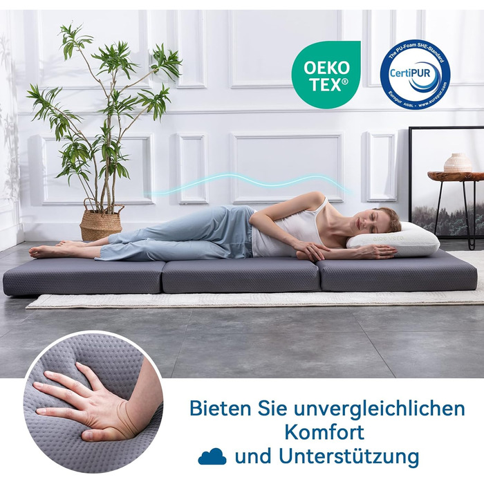 Складаний матрац для гостей з піни з ефектом пам&39яті з чохлом, середньої жорсткості, 75 x 195 x 10 см, сірий Матрац 75 x 195 x 10 см з чохлом