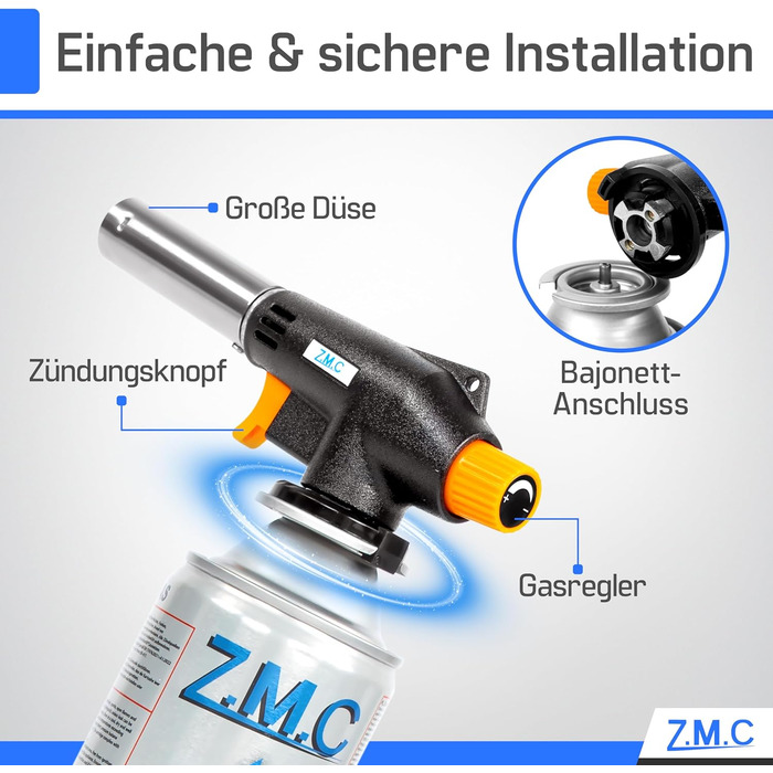 Газовий пальник Z.M.C 8 газових картриджів 227 г, пальник фламбе до 1300C, пальник Бунзена 1,3 кВт, паяльний пальник, кухонний пальник з регульованим полум'ям