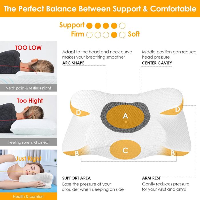 Подушка для шиї з піни з ефектом пам&39яті, ергономічна ортопедична подушка, регульована по висоті, подушка для сну на боці, спині та животі - 63 x 34 см x 9/12 см, біла