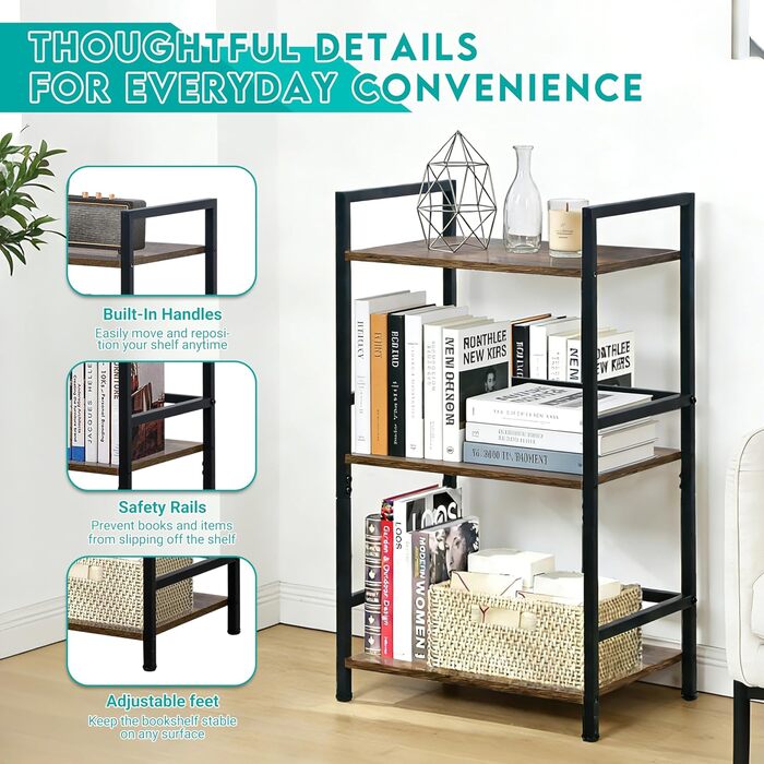 Полиця, Мала книжкова полиця, 3-рівнева стійка для зберігання, Книжкова полиця, Стелаж для вітальні, спальні, офісу, ванної кімнати, кухні, 42 x 28 x 70 см, Рустикальний коричневий 3 полиці