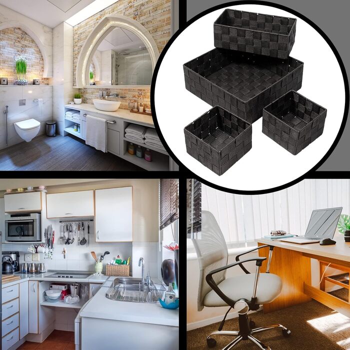 Набір із 4 кошиків для зберігання SilkKorb без кришок, під ротанг, штабелювані полиці з плетеного нейлону, коробки для зберігання, кошики для ванної кімнати, кошики для зберігання в шафах, на кухні, у вітальні (чорний)