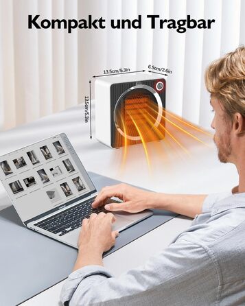 Компактний портативний вентилятор-обігрівач для ванної кімнати потужністю 500 Вт, електричний обігрівач з керамічною технологією PTC, захистом від перегріву та перекидання, тихий та портативний, сучасний дизайн для офісу/робочого столу.