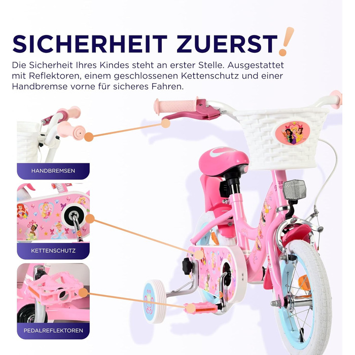 Дитячий велосипед Volare Disney Princess 12 дюймів рожевий з додатковими колесами та кошиком