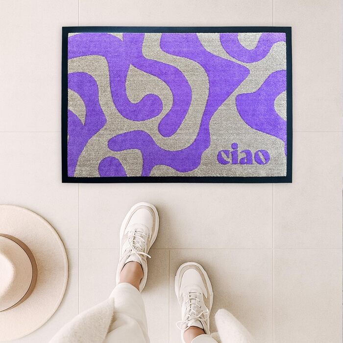 Дизайнерський килимок для дверей CIAO Мийний та нековзний килимок для бруду Сучасний килимок для дверей з фіолетовим написом для використання всередині та зовні приміщень, 40 x 60 см (прямокутний)