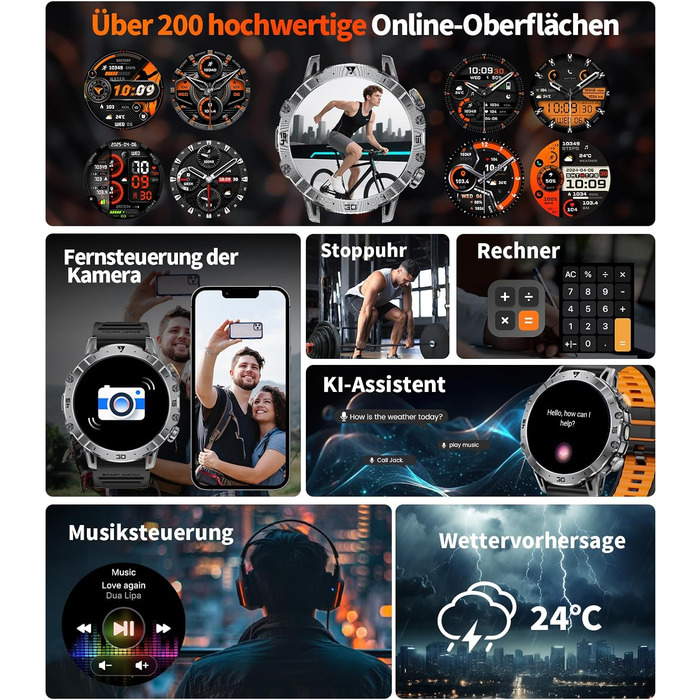 Чоловічий військовий смарт-годинник, великий акумулятор 1000 мАг, великий HD-дисплей 1,7 дюйма з функцією телефону, світлодіодний ліхтарик, фітнес-годинник з понад 110 спортивними режимами, відстеження серцевого ритму/сну, 3 браслети, IP68, сумісний з iOS